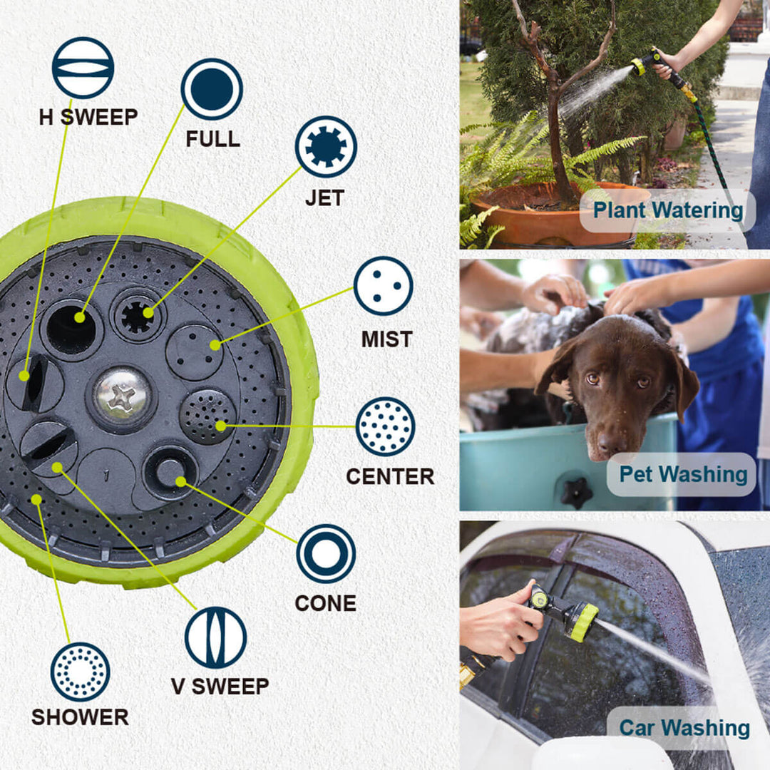 8 Patterns, H sweep, full, jet, mist, center, cone, v sweep, and shower.