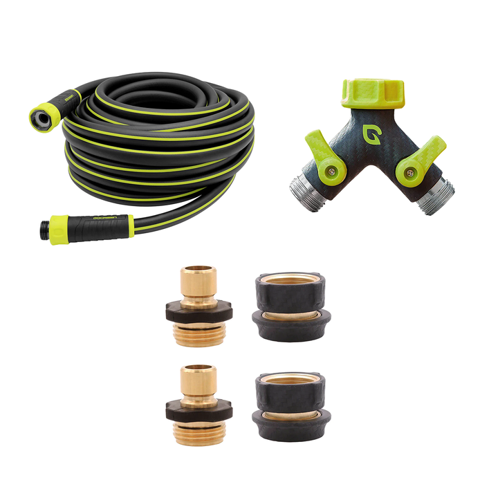 PARADEN 50 FT GARDEN HOSE AND SPLITTER SET WITH TPR QUICK CONNECTORS