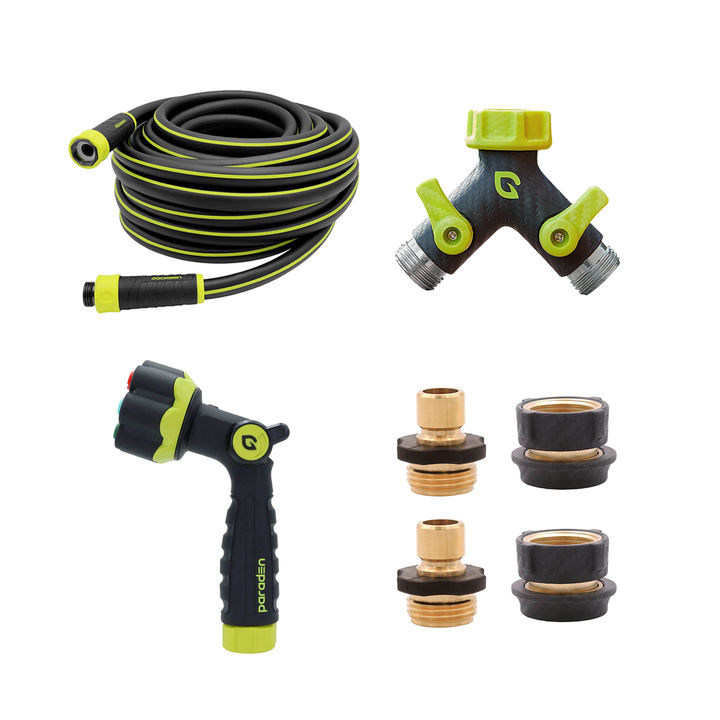 Paraden 50 Ft Garden Hose, Nozzle and Splitter Set with TPR Quick Connectors