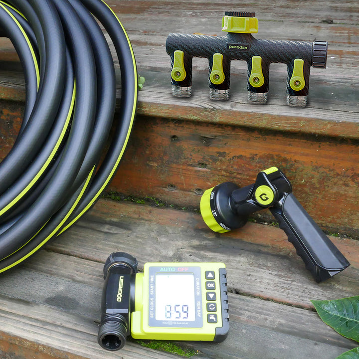 Paraden bundle set, garden hose, watering timer, nozzle and four way spiltter