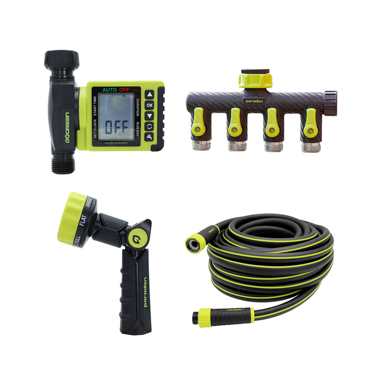 PARADEN 50 FT GARDEN HOSE, TIMER, NOZZLE & SPLITTER SET