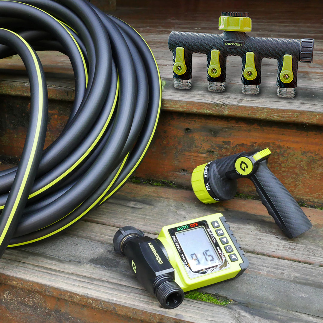 Paraden bundle set, garden hose, watering timer, nozzle with carbon fiber texture and four way spiltter
