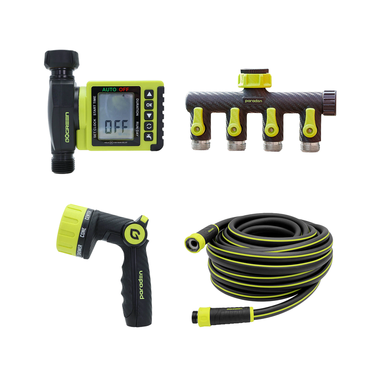 Paraden 50 FT GARDEN HOSE, TIMER, FLORAL NOZZLE & SPLITTER SET