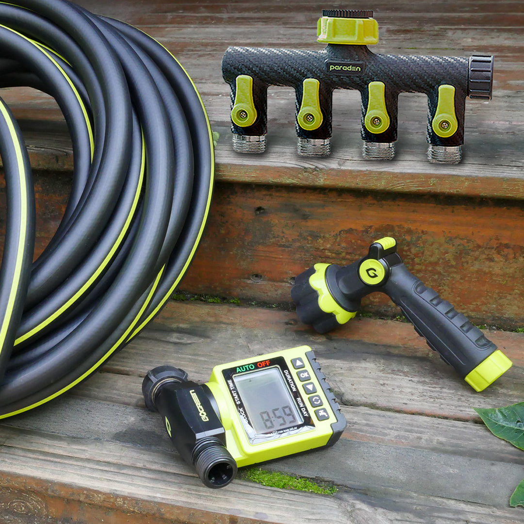 Paraden bundle set, garden hose, watering timer, nozzle with swivel connect and four way spiltter
