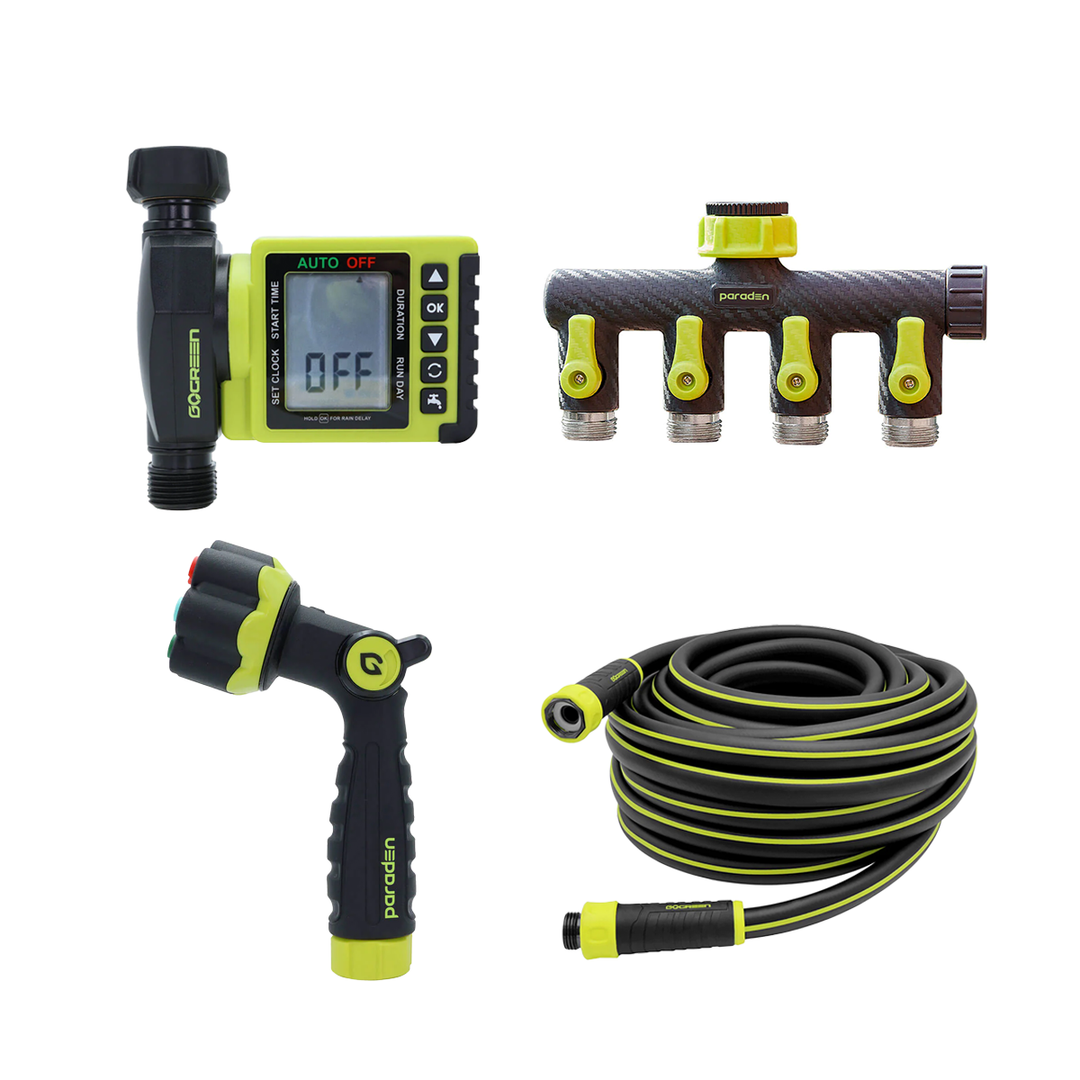 PARADEN 50 FT GARDEN HOSE, TIMER, FLORAL NOZZLE & SPLITTER SET