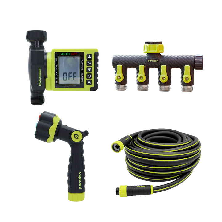PARADEN 50 FT GARDEN HOSE, TIMER, FLORAL NOZZLE & SPLITTER SET
