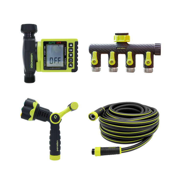 PARADEN 50 FT GARDEN HOSE, TIMER, FLORAL NOZZLE & SPLITTER SET