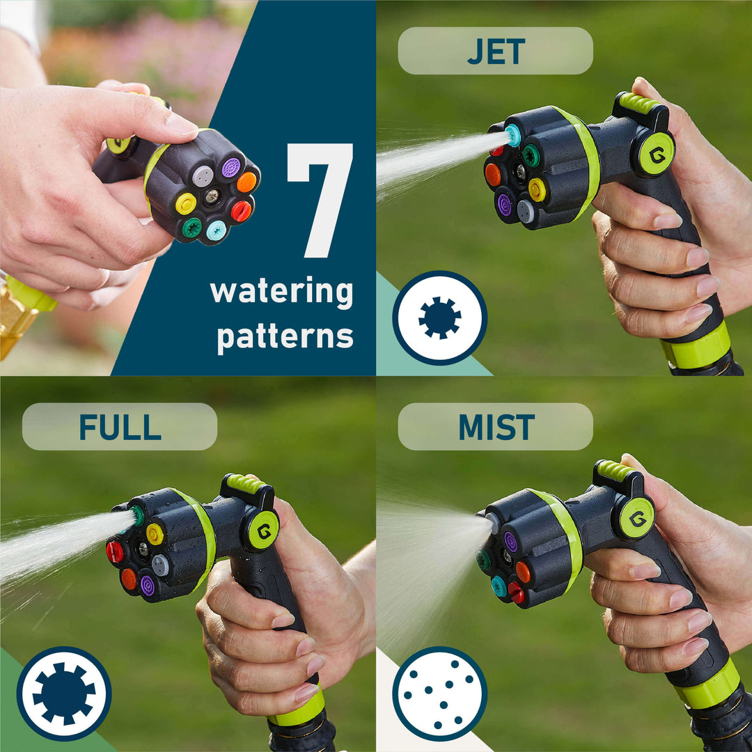 7 WATERING PATTERNS, Jet, shower, flat, full, mist, cone, and center
