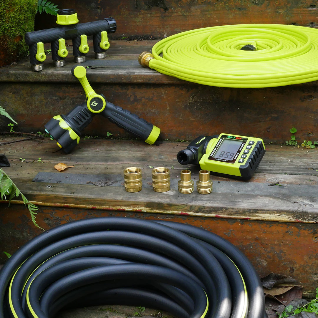 Paraden gardening tools set, garden hose, soaker, nozzle, four way splitter, watering timer with connectors
